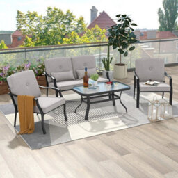 4 Pcs Patio Conversation Set Outdoor Furniture Coffee Table Cushion Chair Bench - thumbnail 3