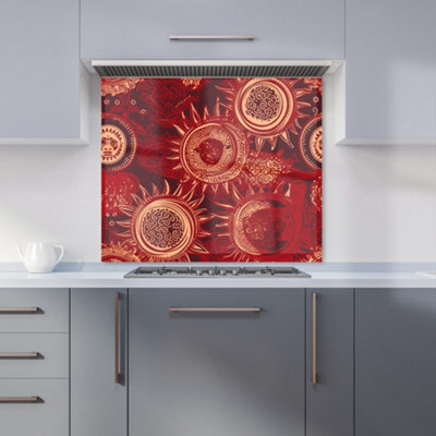 Warren Reed Designer Abstract Red Moon And Sun Premium Glass Kitchen Splashback W600mm X H600mm - image 1