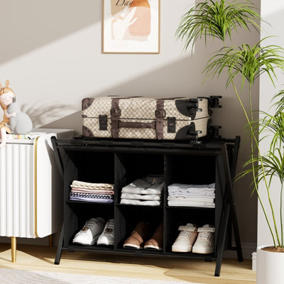 Huhote Black Two Tier Metal Folding Luggage Rack With Six Cube Fabric Storage Shelf Folding Suitcase Stand For Bedroom Home Hotel - image 1