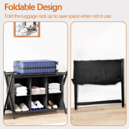 Huhote Black Two Tier Metal Folding Luggage Rack With Six Cube Fabric Storage Shelf Folding Suitcase Stand For Bedroom Home Hotel - thumbnail 8