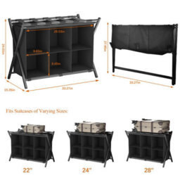 Huhote Black Two Tier Metal Folding Luggage Rack With Six Cube Fabric Storage Shelf Folding Suitcase Stand For Bedroom Home Hotel - thumbnail 4