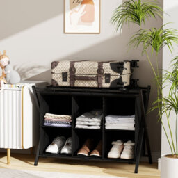 Huhote Black Two Tier Metal Folding Luggage Rack With Six Cube Fabric Storage Shelf Folding Suitcase Stand For Bedroom Home Hotel - thumbnail 1