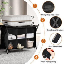 Huhote Black Two Tier Metal Folding Luggage Rack With Six Cube Fabric Storage Shelf Folding Suitcase Stand For Bedroom Home Hotel - thumbnail 6