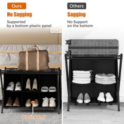 Huhote Black Two Tier Metal Folding Luggage Rack With Six Cube Fabric Storage Shelf Folding Suitcase Stand For Bedroom Home Hotel - thumbnail 7
