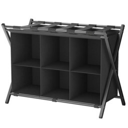 Huhote Black Two Tier Metal Folding Luggage Rack With Six Cube Fabric Storage Shelf Folding Suitcase Stand For Bedroom Home Hotel - thumbnail 2
