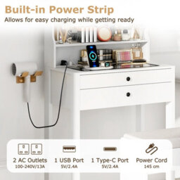 Costway Vanity Desk With Mirror & Lights 64 Cm Slim Makeup Table W/power Outlets-White - thumbnail 6