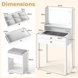 Costway Vanity Desk With Mirror & Lights 64 Cm Slim Makeup Table W/power Outlets-White - thumbnail 3