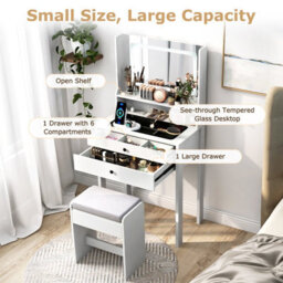 Costway Vanity Desk With Mirror & Lights 64 Cm Slim Makeup Table W/power Outlets-White - thumbnail 4
