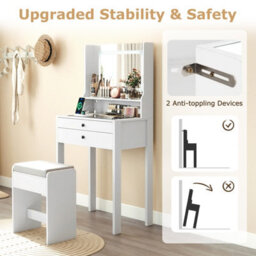 Costway Vanity Desk With Mirror & Lights 64 Cm Slim Makeup Table W/power Outlets-White - thumbnail 5