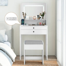 Costway Vanity Desk With Mirror & Lights 64 Cm Slim Makeup Table W/power Outlets-White - thumbnail 9