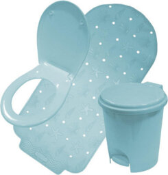 Simpa 3Pc Blue Bathroom Set: Bath Mat, Bin & Toilet Seat