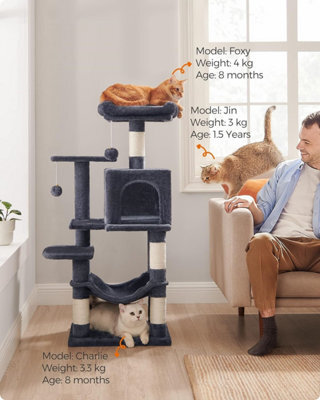 Songmics Feline Tree, Cat Tower For Indoor Cats, Tall Kitty Castle With Scratching Posts, Cave, Hammock, Smoky Grey - image 1