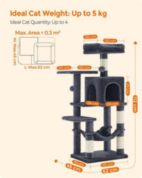 Songmics Feline Tree, Cat Tower For Indoor Cats, Tall Kitty Castle With Scratching Posts, Cave, Hammock, Smoky Grey - thumbnail 2