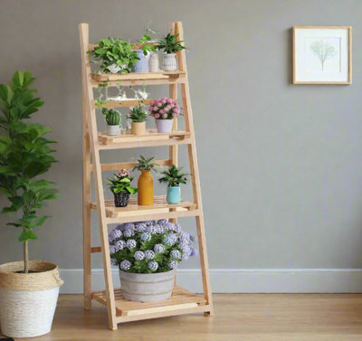 Modcraft 4-Tier Foldable Wooden Plant Stand And Ladder Shelf Display Rack - Natural Colour - image 1