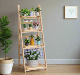 Modcraft 4-Tier Foldable Wooden Plant Stand And Ladder Shelf Display Rack - Natural Colour