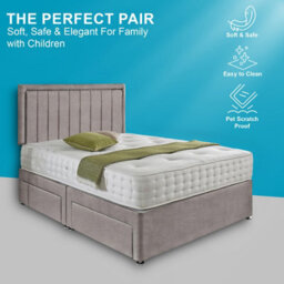 Dining Tables Cairo Matching Headboard Divan Set, 2 Drawer On Same Side With Sprung 1500 Comfort Mattress - Chenille Grey - Double - thumbnail 2