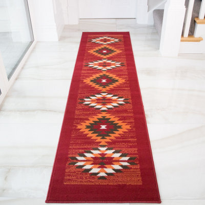 Loomed Red Terracotta Tribal Geometric Living Room Runner Rug 60X240Cm - image 1