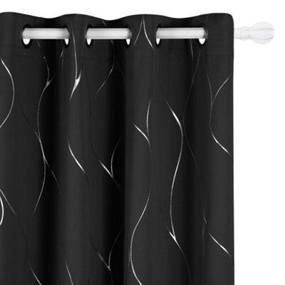 Deconovo Eyelet Room Darkening Curtains, Silver Wave Line Foil Printed Blackout Curtains, W46 X L90 Inch, Black, 2 Panels - image 1