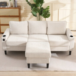Btm L Shaped Couch Sofa, Corner Sofa 3 Seater Sofa, Sectional Sofa Couches With Usb, Cup Holder, For Apartment Living Room (Beige) - thumbnail 4