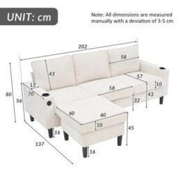Btm L Shaped Couch Sofa, Corner Sofa 3 Seater Sofa, Sectional Sofa Couches With Usb, Cup Holder, For Apartment Living Room (Beige) - thumbnail 7