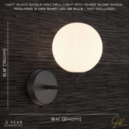 Happy Homewares Contemporary Chic Matte Black Wall Light With Opal White Globe Glass Shade - thumbnail 6