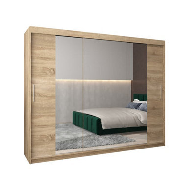 Arte Tokyo 02 Contemporary Mirrored 3 Sliding Door Wardrobe 9 Shelves 2 Rails Oak Sonoma Effect (H)2000mm (W)2500mm (D)620mm - image 1