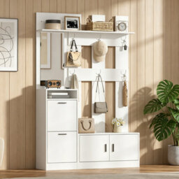 White Hallway Wardrobe With Mirror & Shoe Storage, 120X30X180Cm - thumbnail 1