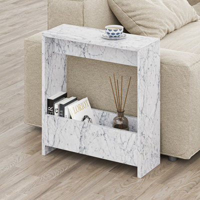 Decortie Simpi Modern Slim End Table Magazine Rack 55Cm Multipurpose White Marble Effect Living Room H 60Cm - image 1