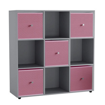 Urbn-Living 9 Cube Grey Wooden Bookcase Shelving Unit With 5 Collapsible Fabric Drawers Pastel Pink - image 1
