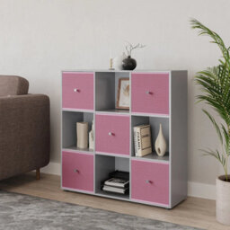 Urbn-Living 9 Cube Grey Wooden Bookcase Shelving Unit With 5 Collapsible Fabric Drawers Pastel Pink - thumbnail 3