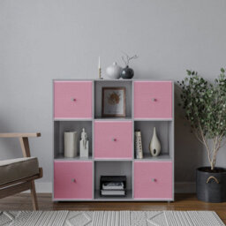 Urbn-Living 9 Cube Grey Wooden Bookcase Shelving Unit With 5 Collapsible Fabric Drawers Pastel Pink - thumbnail 2