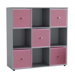 Urbn-Living 9 Cube Grey Wooden Bookcase Shelving Unit With 5 Collapsible Fabric Drawers Pastel Pink