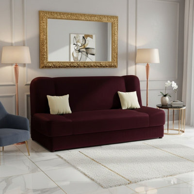 Jonas Living Room Sofa Bed With Click Clack Sleeping Surface Storage Container Wooden Frame Plum And Cream Pillows - image 1