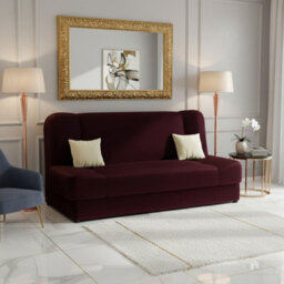 Jonas Living Room Sofa Bed With Click Clack Sleeping Surface Storage Container Wooden Frame Plum And Cream Pillows