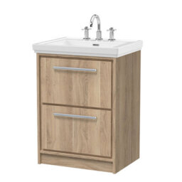 Hudson Reed Lille Floor Standing Two Drawer Contemporary Vanity Unit With 3 Tap Hole Basin In Bleached Oak, 630 X 471mm - thumbnail 1