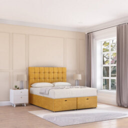 Sloomy Alabama End Lift Ottoman Bed 6Ft With Sprung Memory Mattress - Mustard Plush & Headboard- Super King - thumbnail 2