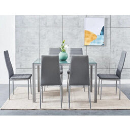 Kosy Koala Modern Rectangle Glass Dining Table Set With 6 Grey Faux Leather Chairs Dining Room Furniture - thumbnail 2