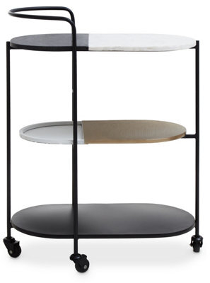 Orsina 3-Tier Trolley, Black And White Marble Top Bar Cart, 3 Tier Trolley On Wheels, Metal Trolley With Wheels - image 1