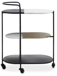 Orsina 3-Tier Trolley, Black And White Marble Top Bar Cart, 3 Tier Trolley On Wheels, Metal Trolley With Wheels