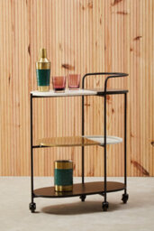 Orsina 3-Tier Trolley, Black And White Marble Top Bar Cart, 3 Tier Trolley On Wheels, Metal Trolley With Wheels - thumbnail 2