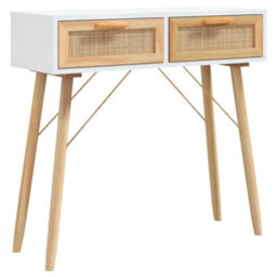 Berkfield Durable Console Table White 80X30X75 Cm Solid Wood Pine&natural Rattan - thumbnail 1