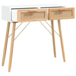 Berkfield Durable Console Table White 80X30X75 Cm Solid Wood Pine&natural Rattan - thumbnail 3