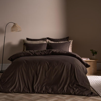 Ohs Plain Dyed Duvet Cover With Pillowcase Bedding Set, Coffee - King - image 1