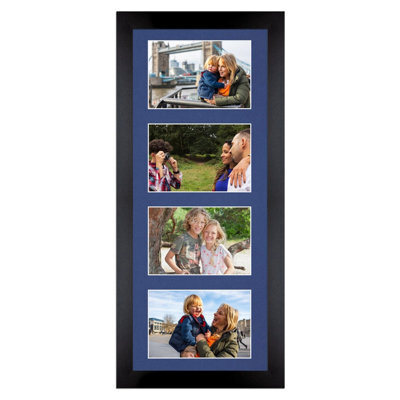 AK Frames 50X20Cm Matte Black Modern Multi Photo Frame With Blue Mount - Holds 4 Apertures (4X) 6X4 Photos - image 1