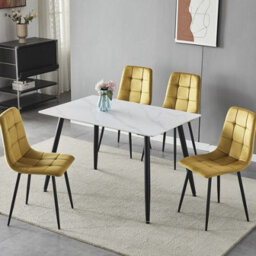 Urbn-Living Urbnliving 5Pcs White Matt Modern Ceramic Top Dining Table & Yellow Plush Velvet Chairs With Metal Legs