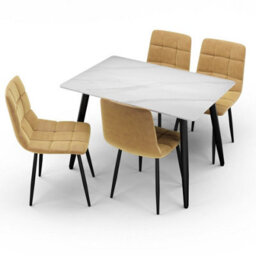 Urbn-Living Urbnliving 5Pcs White Matt Modern Ceramic Top Dining Table & Yellow Plush Velvet Chairs With Metal Legs - thumbnail 6