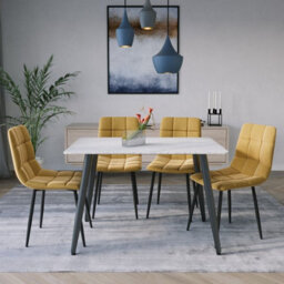 Urbn-Living Urbnliving 5Pcs White Matt Modern Ceramic Top Dining Table & Yellow Plush Velvet Chairs With Metal Legs - thumbnail 5