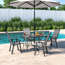 Living And Home Set Of 5 Black Tempered Glass Outdoor Coffee Umbrella Table And Folding Chairs Set 120 Cm - thumbnail 3