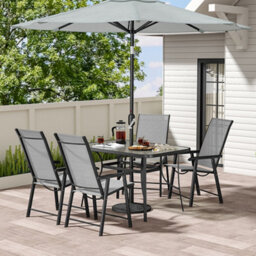 Living And Home Set Of 5 Black Tempered Glass Outdoor Coffee Umbrella Table And Folding Chairs Set 120 Cm - thumbnail 2