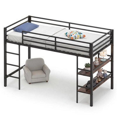 Single Size Low Loft Bed With Shelves Ladder Metal Bed - image 1
